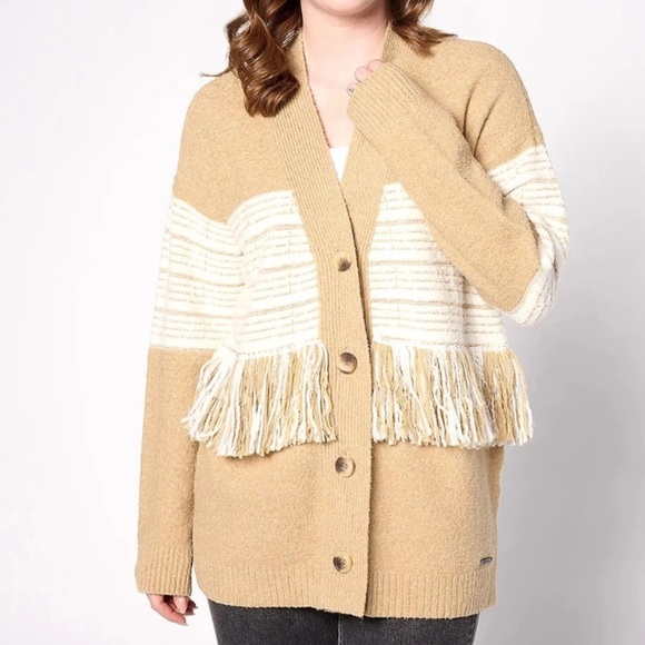 Peace Love World Black Label Fringe Cozy Knit Tan Cardigan Medium Bohemian - Picture 3 of 14